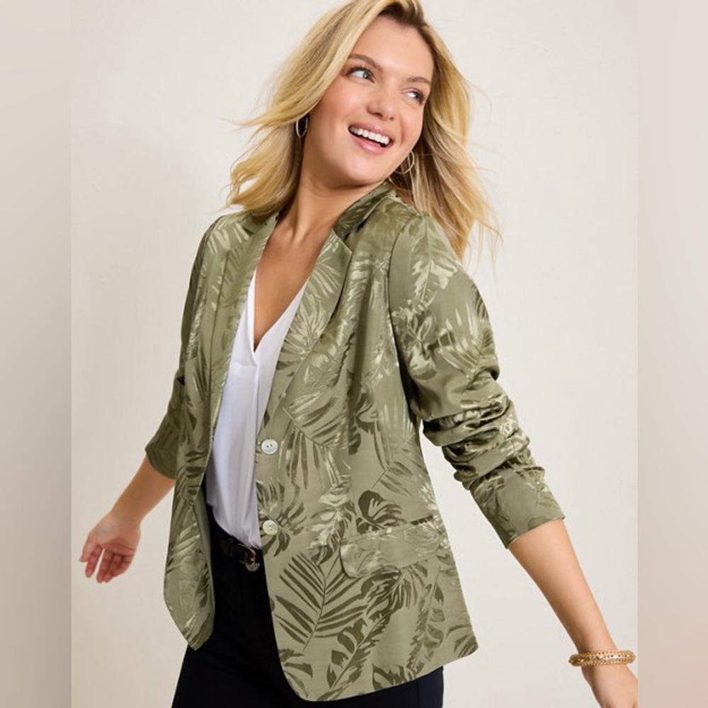 Tommy Bahama Satin Tropical Leaf Blazer Women’s XL Olive Green